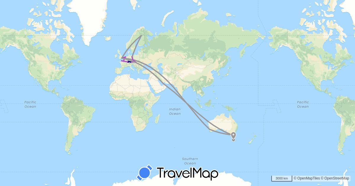 TravelMap itinerary: driving, plane, train in United Arab Emirates, Austria, Australia, Belgium, Czech Republic, Germany, Finland, France, United Kingdom, Hungary, Netherlands (Asia, Europe, Oceania)